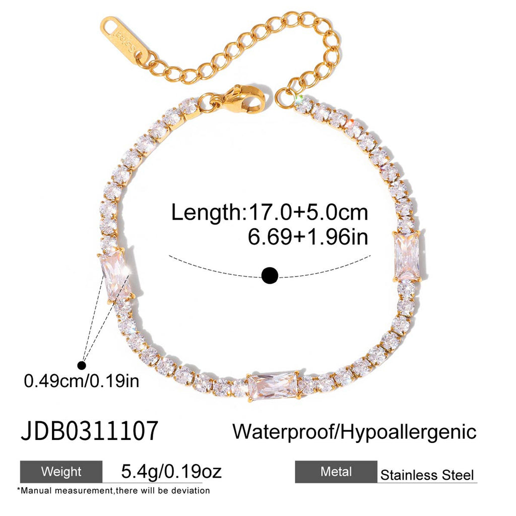 18K Gold Plated White Zircons Waterproof Stainless Steel Adjustable Hypoallergenic Tennis Chain Bracelet Unisex Light Gift