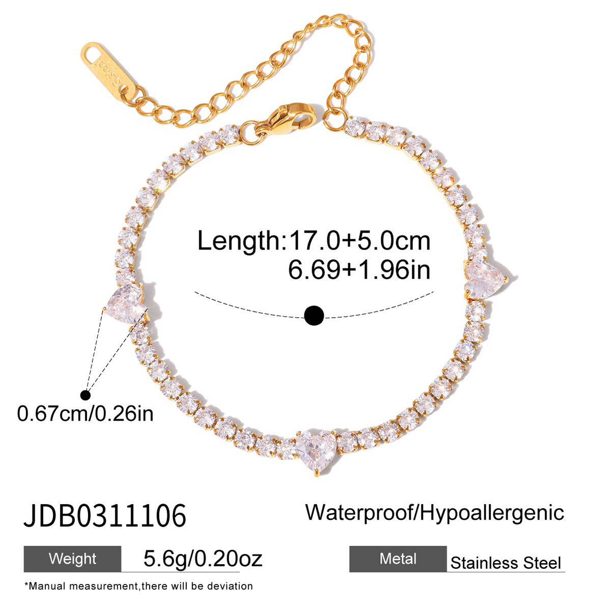 18K Gold Plated White Zircons Waterproof Stainless Steel Adjustable Hypoallergenic Tennis Chain Bracelet Unisex Light Gift