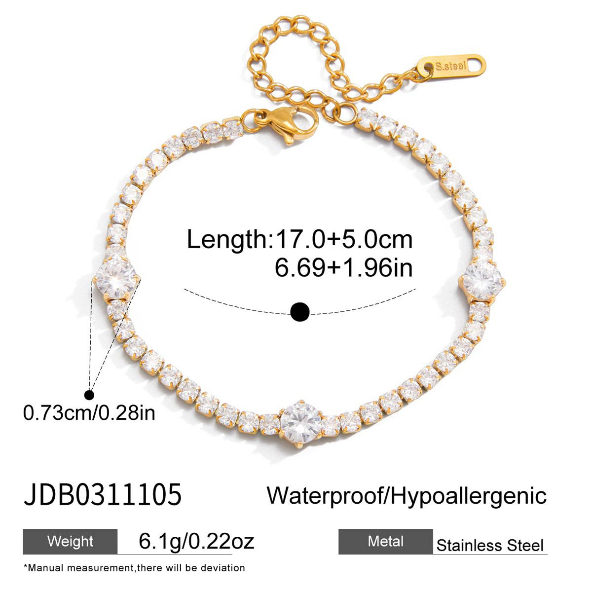 18K Gold Plated White Zircons Waterproof Stainless Steel Adjustable Hypoallergenic Tennis Chain Bracelet Unisex Light Gift