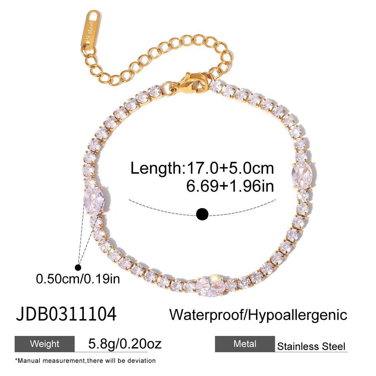 18K Gold Plated White Zircons Waterproof Stainless Steel Adjustable Hypoallergenic Tennis Chain Bracelet Unisex Light Gift