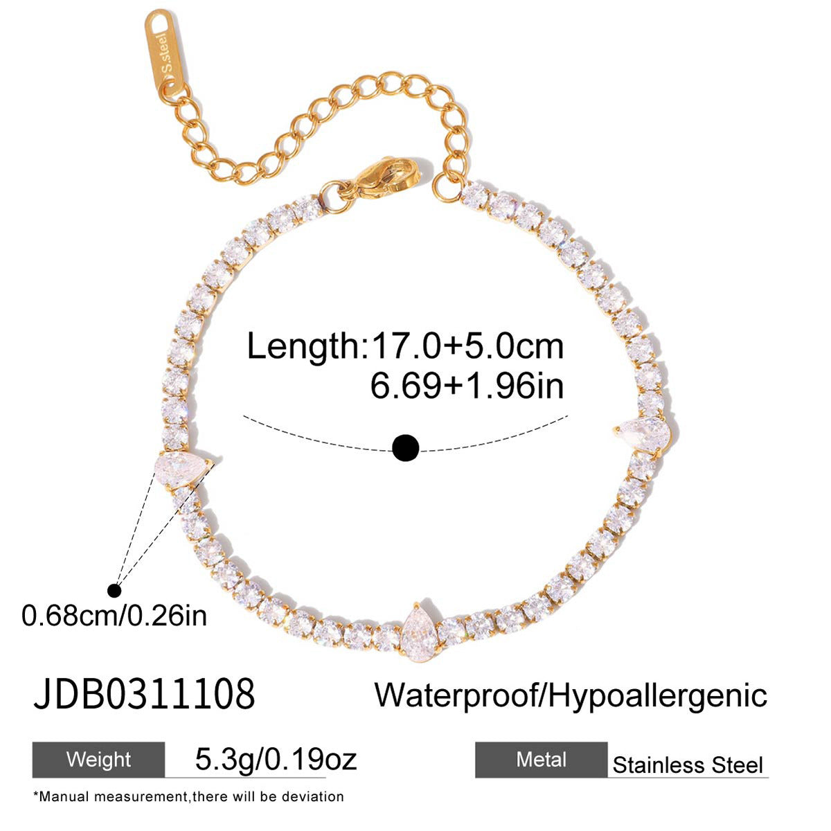 18K Gold Plated White Zircons Waterproof Stainless Steel Adjustable Hypoallergenic Tennis Chain Bracelet Unisex Light Gift