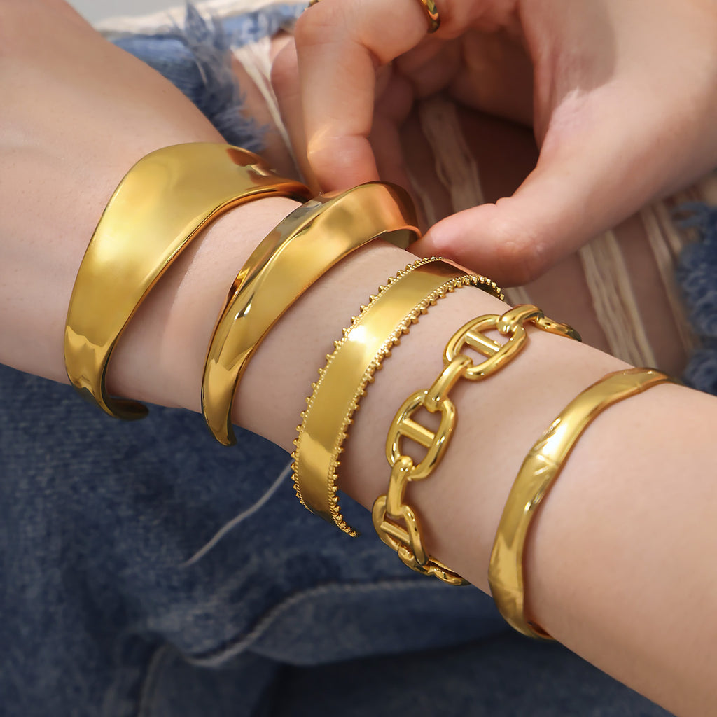 Stainless Steel 18K Gold Plated Cute Open Bangles CROWN Chunky Designs Waterproof Non-tarnishing Women's Gift