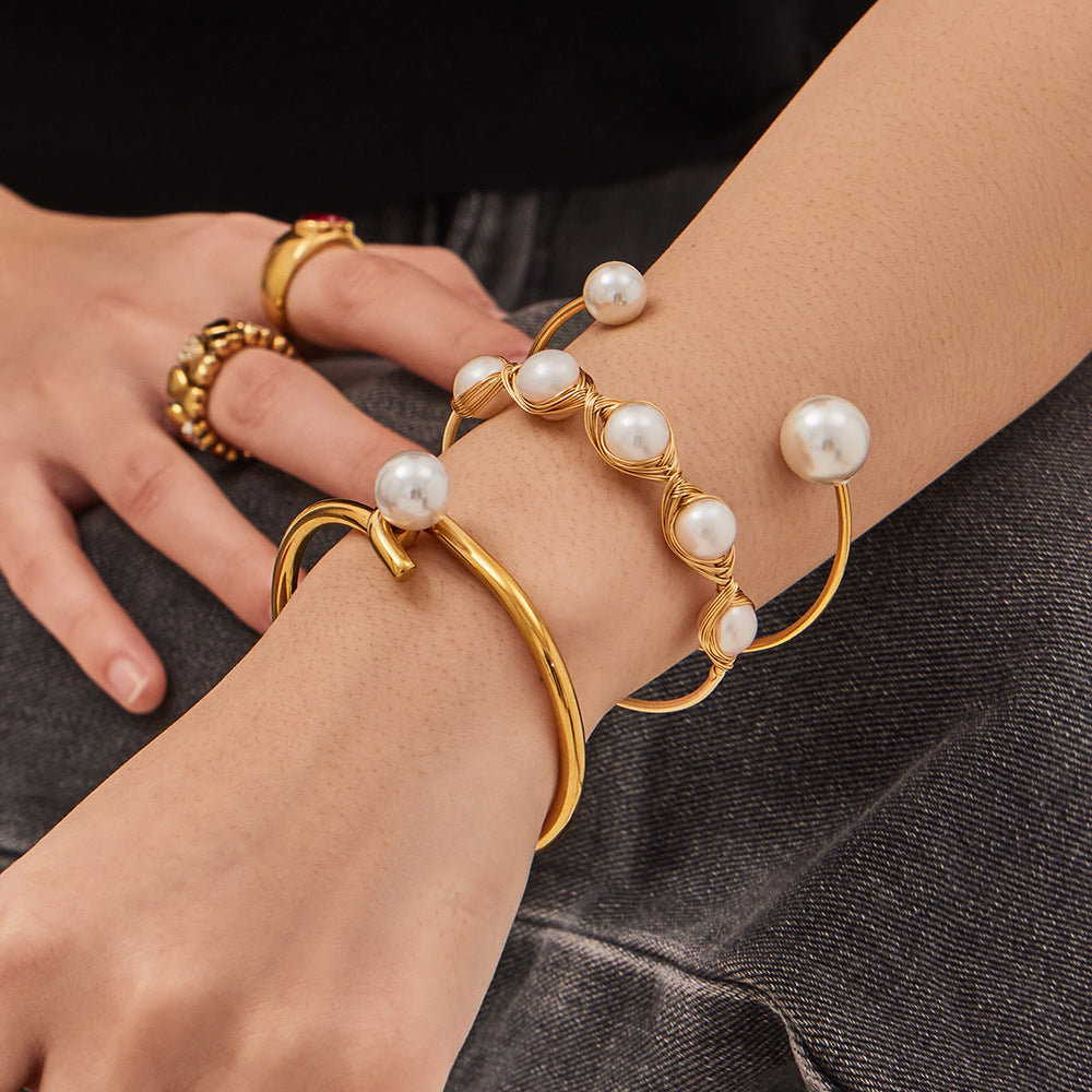 Designer Stainless Steel 18K Gold Plated Freshwater Pearl Bangles Unisex Gift Fashion Jewelry Wholesale Low MOQ