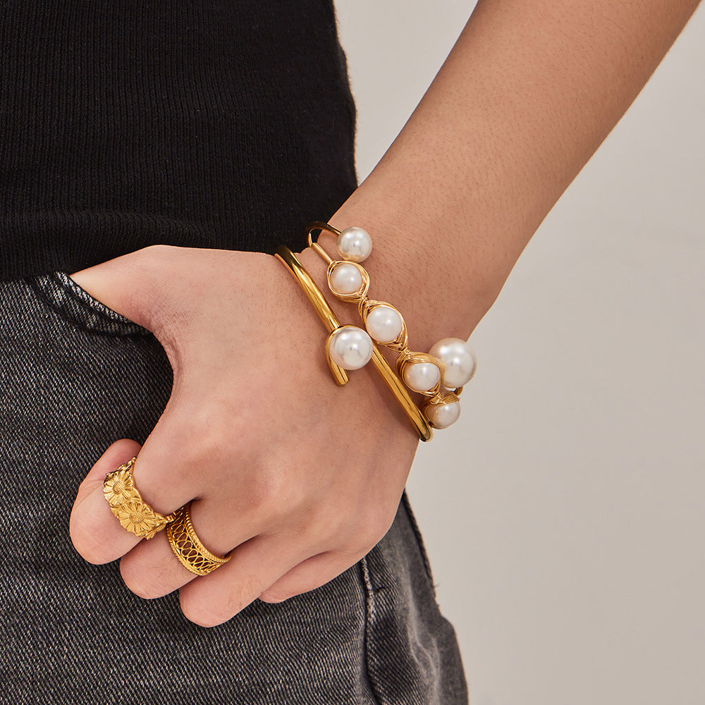 Designer Stainless Steel 18K Gold Plated Freshwater Pearl Bangles Unisex Gift Fashion Jewelry Wholesale Low MOQ
