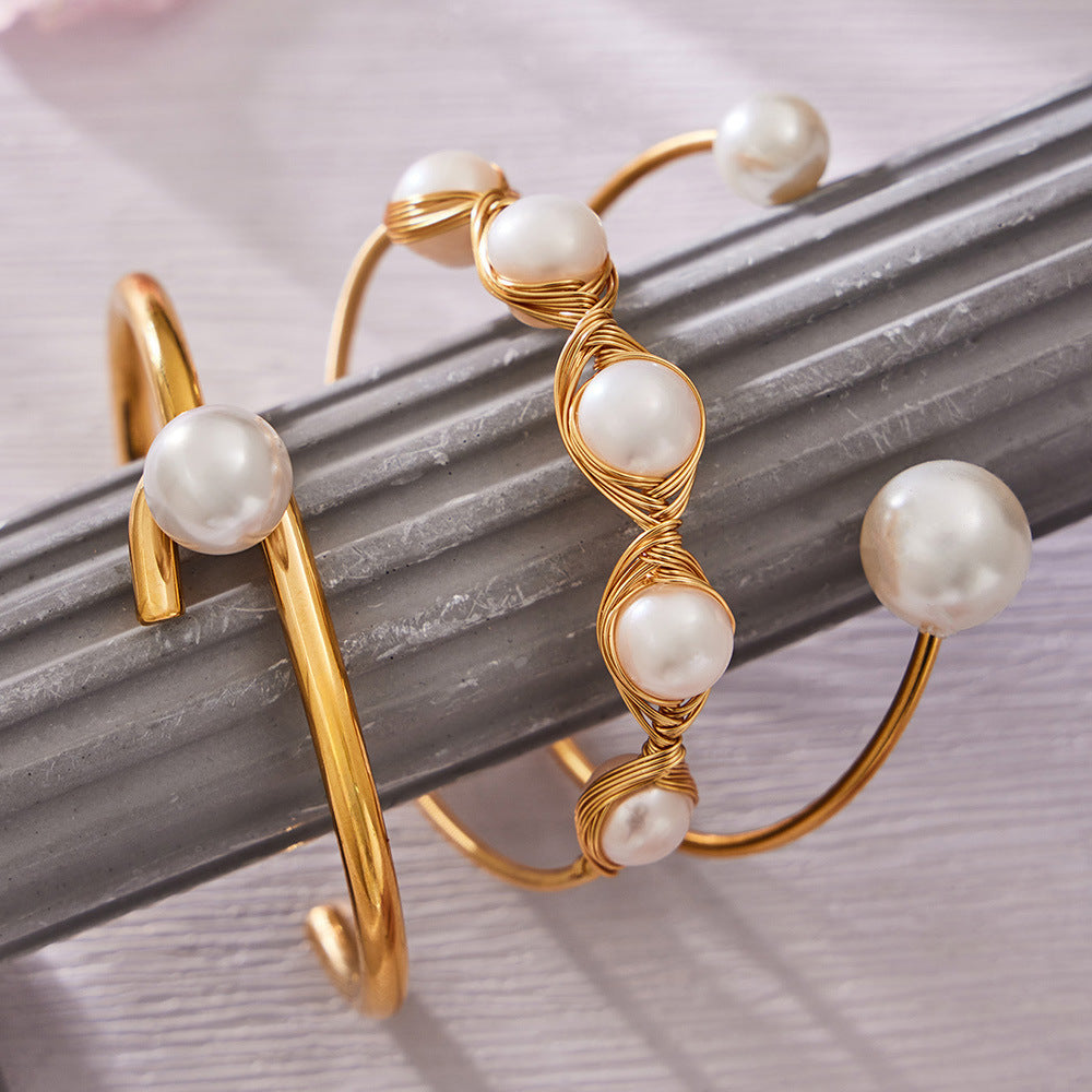 Designer Stainless Steel 18K Gold Plated Freshwater Pearl Bangles Unisex Gift Fashion Jewelry Wholesale Low MOQ