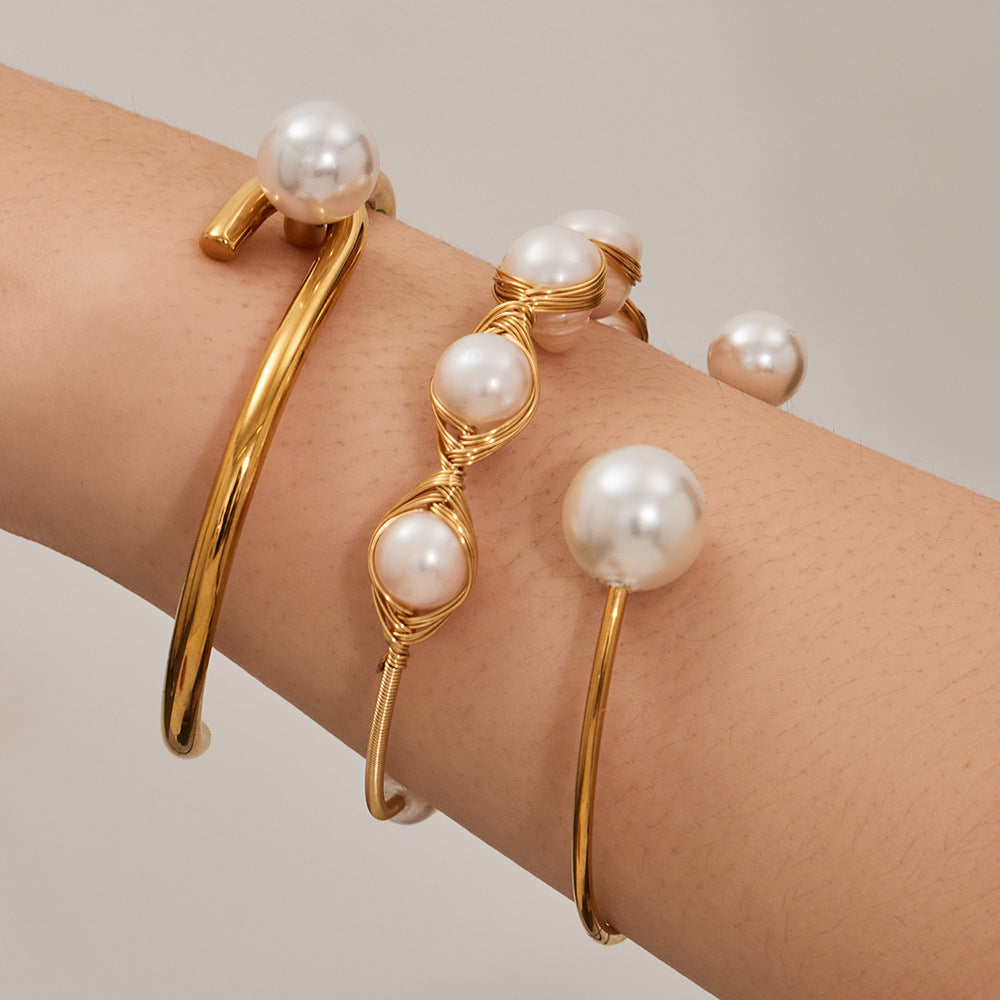 Designer Stainless Steel 18K Gold Plated Freshwater Pearl Bangles Unisex Gift Fashion Jewelry Wholesale Low MOQ