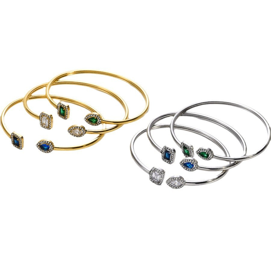 Customizable Vintage 18K Gold Plated Stainless Steel Bangles Zircon Stones Open Cuff Waterproof Non- Unisex Gift Jewelry