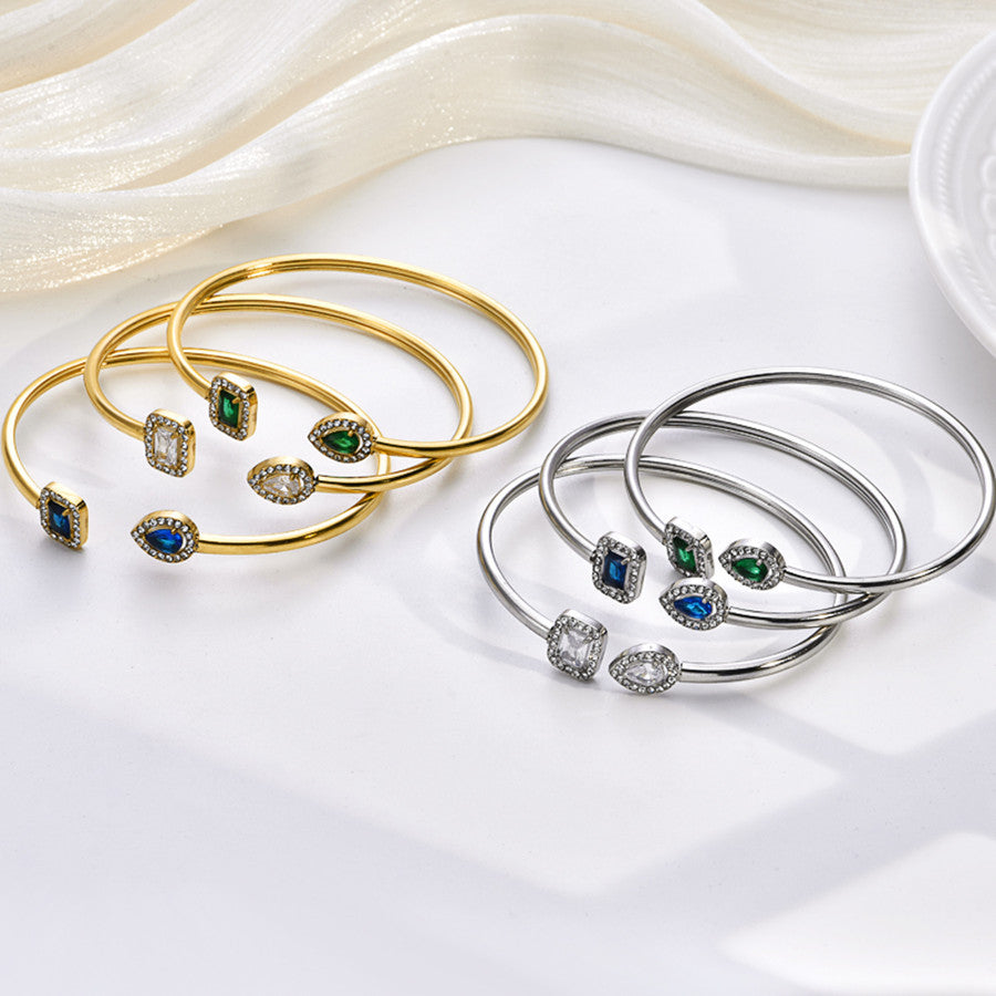 Customizable Vintage 18K Gold Plated Stainless Steel Bangles Zircon Stones Open Cuff Waterproof Non- Unisex Gift Jewelry