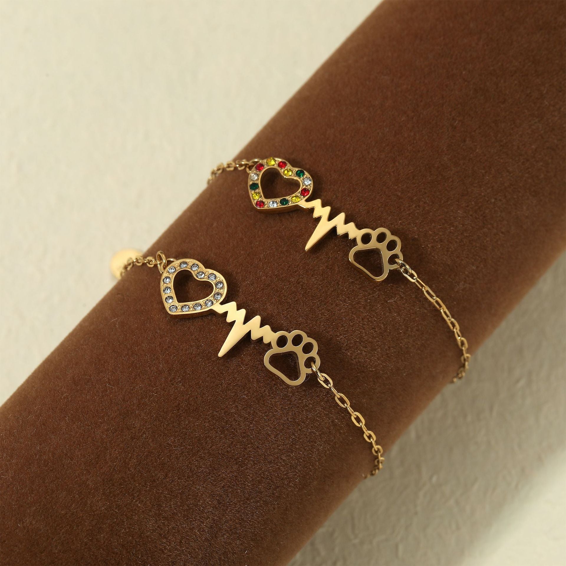Trendy Zircon-studded Heart-Shaped Dog Footprint Design Stainless Steel 18K Gold Plated Women's Bracelet-Gift
