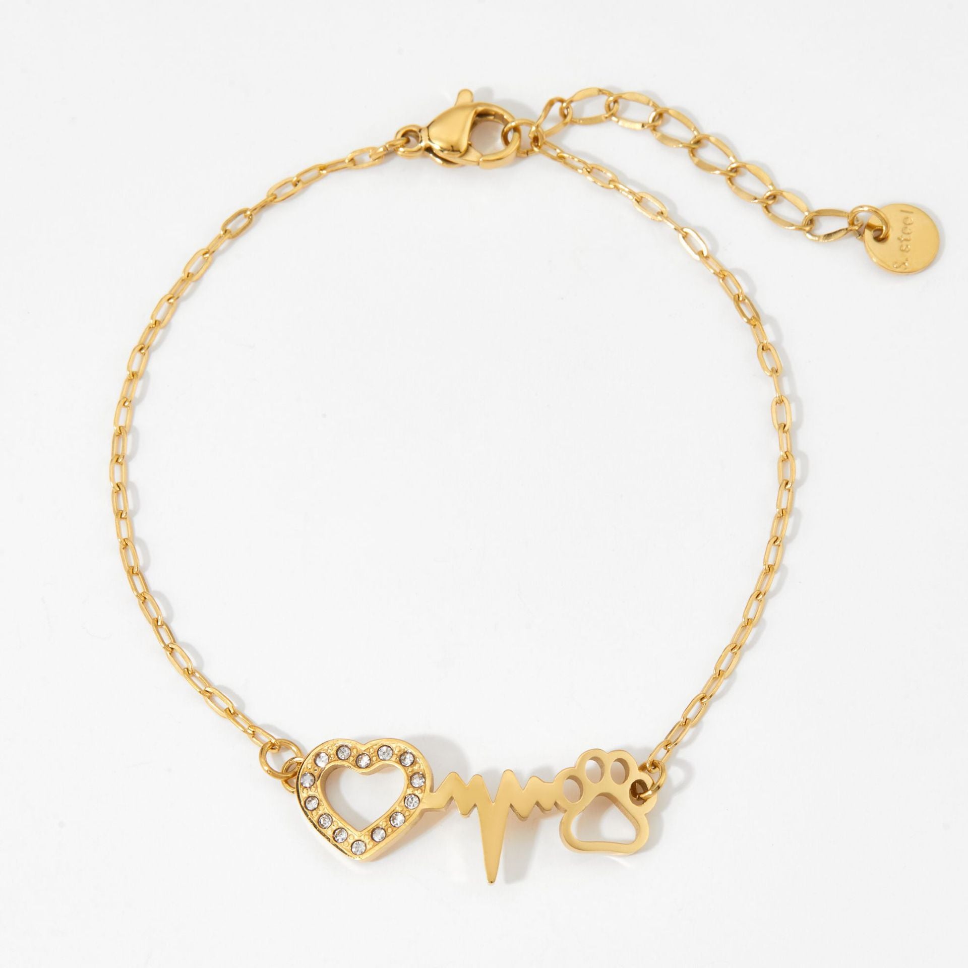 Trendy Zircon-studded Heart-Shaped Dog Footprint Design Stainless Steel 18K Gold Plated Women's Bracelet-Gift