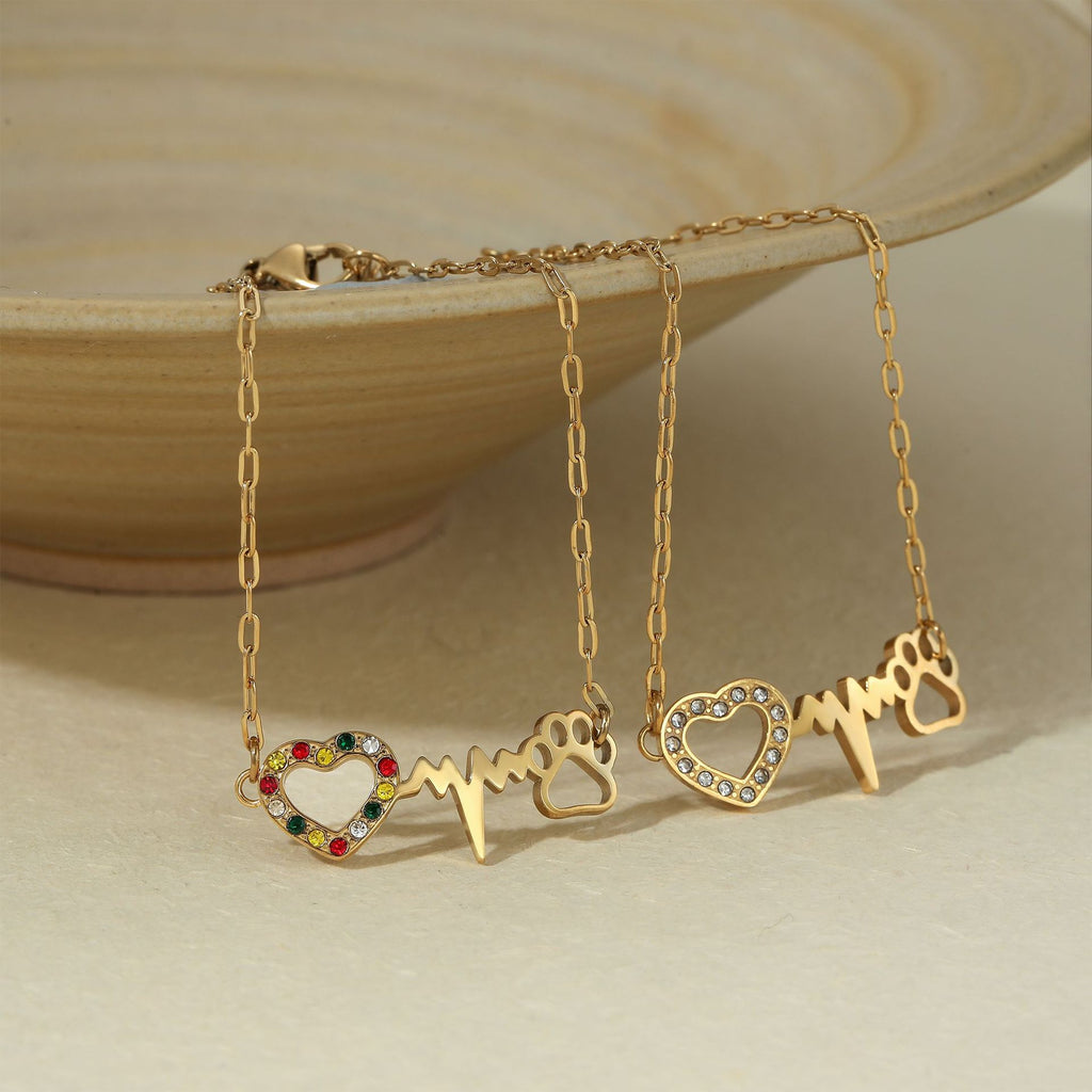 Trendy Zircon-studded Heart-Shaped Dog Footprint Design Stainless Steel 18K Gold Plated Women's Bracelet-Gift