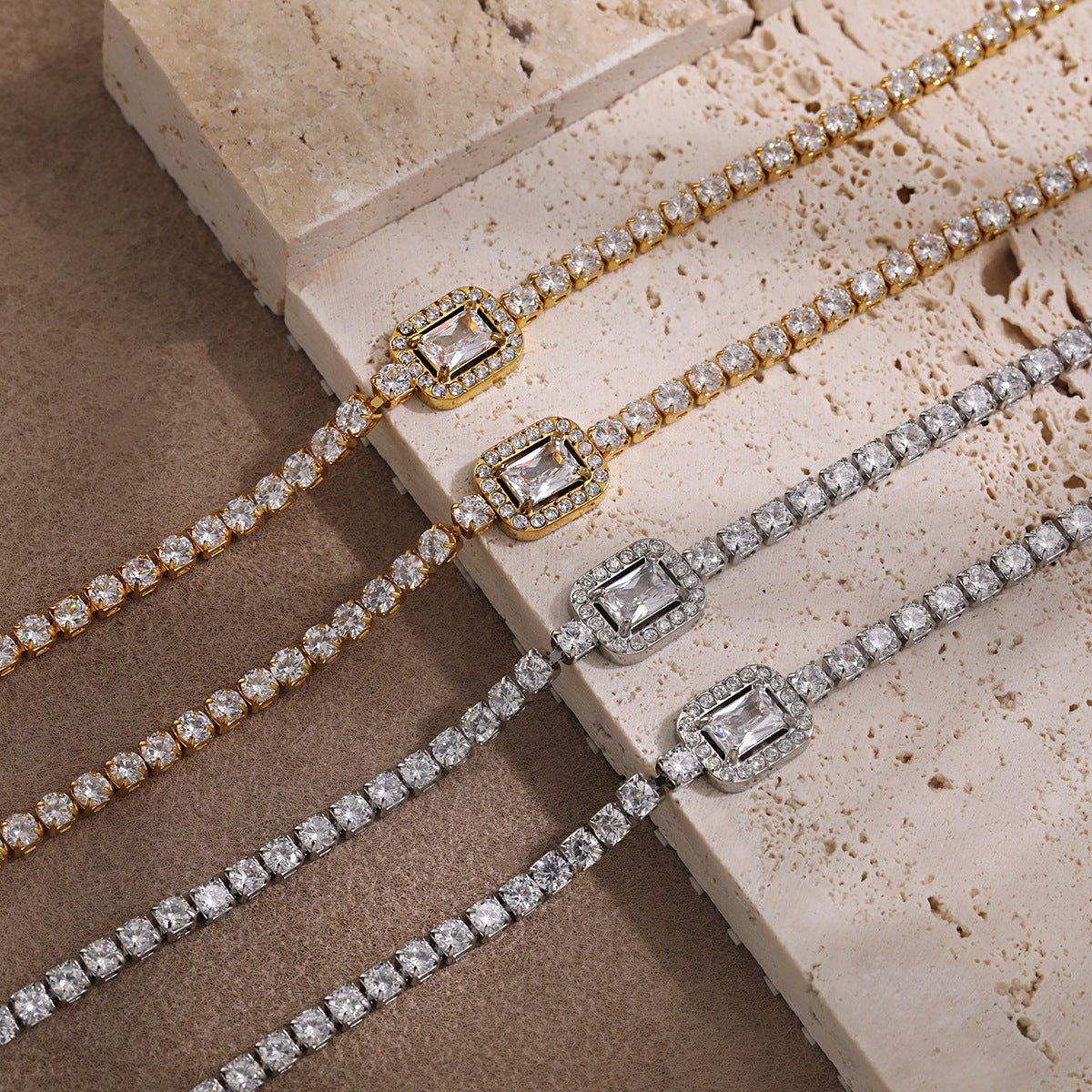 Bracelets 18K Gold Plated White Zircons Waterproof Stainless Steel Unisex Party Gift Chain Adjustable Hypoallergenic Trendy Cute