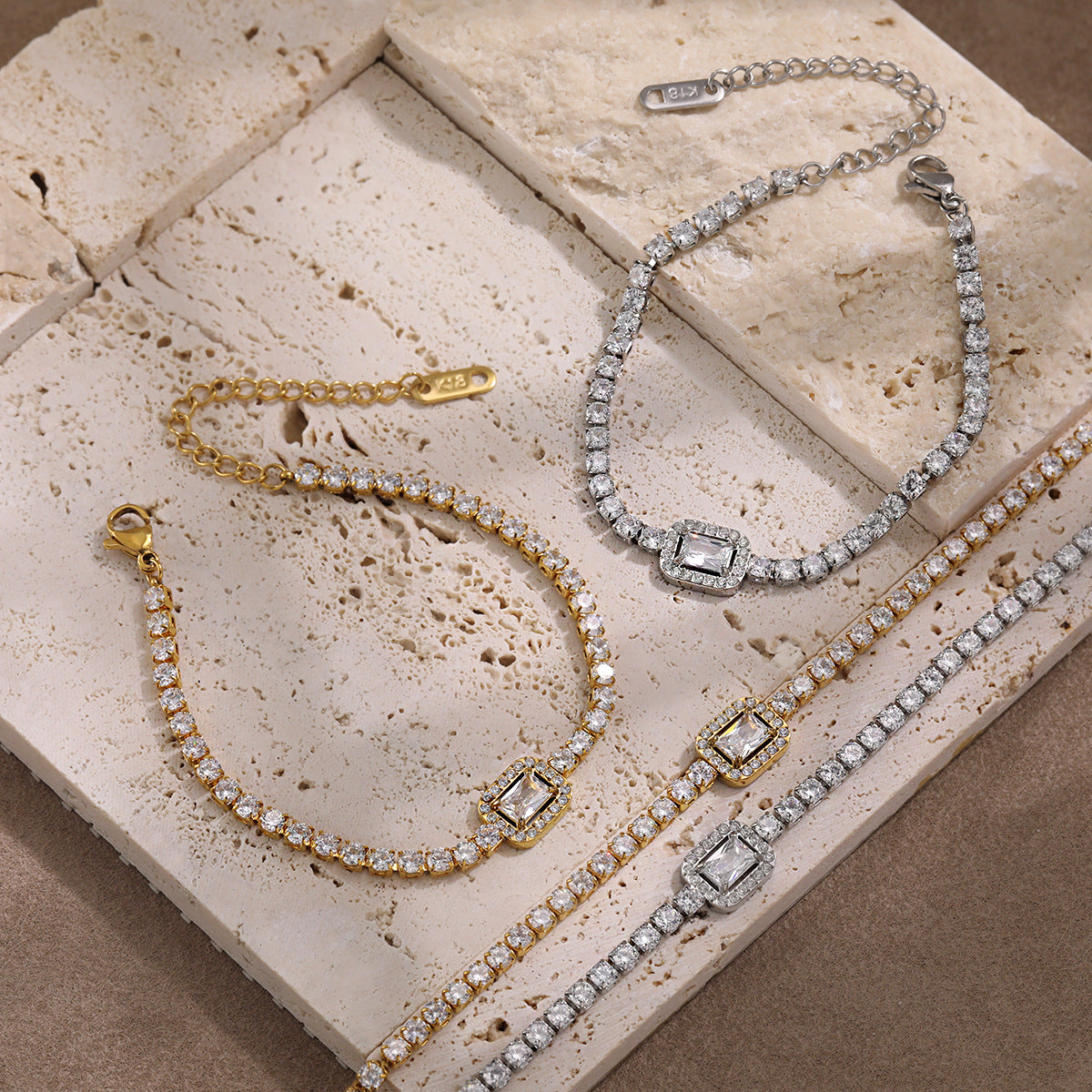 Bracelets 18K Gold Plated White Zircons Waterproof Stainless Steel Unisex Party Gift Chain Adjustable Hypoallergenic Trendy Cute