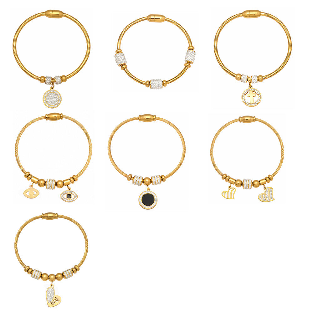 Vintage 18k Gold Plated Stainless Steel Zircon Crown Bangles Unisex Gift with Charms