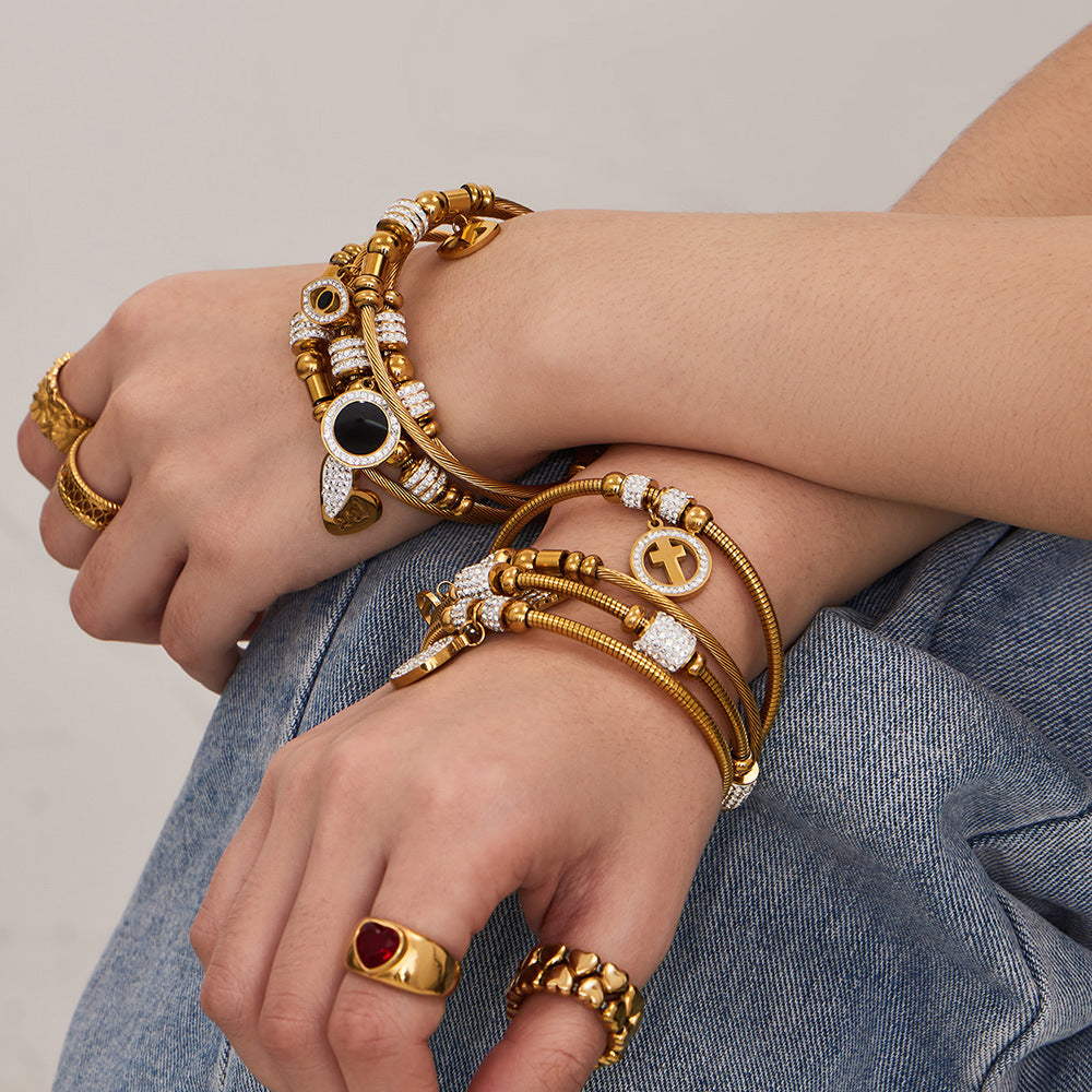 Vintage 18k Gold Plated Stainless Steel Zircon Crown Bangles Unisex Gift with Charms
