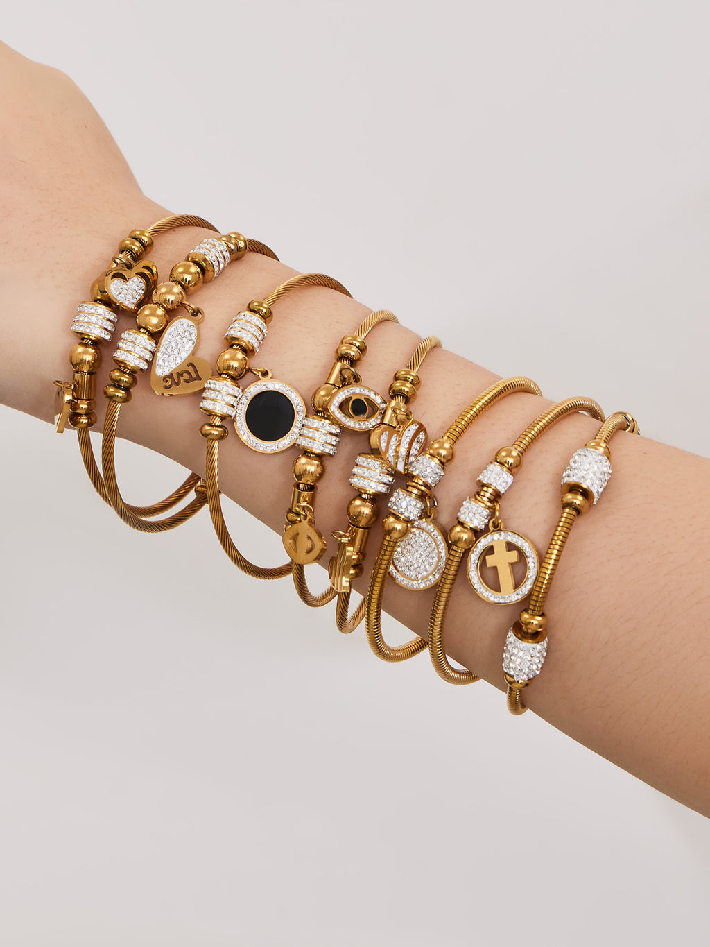 Vintage 18k Gold Plated Stainless Steel Zircon Crown Bangles Unisex Gift with Charms