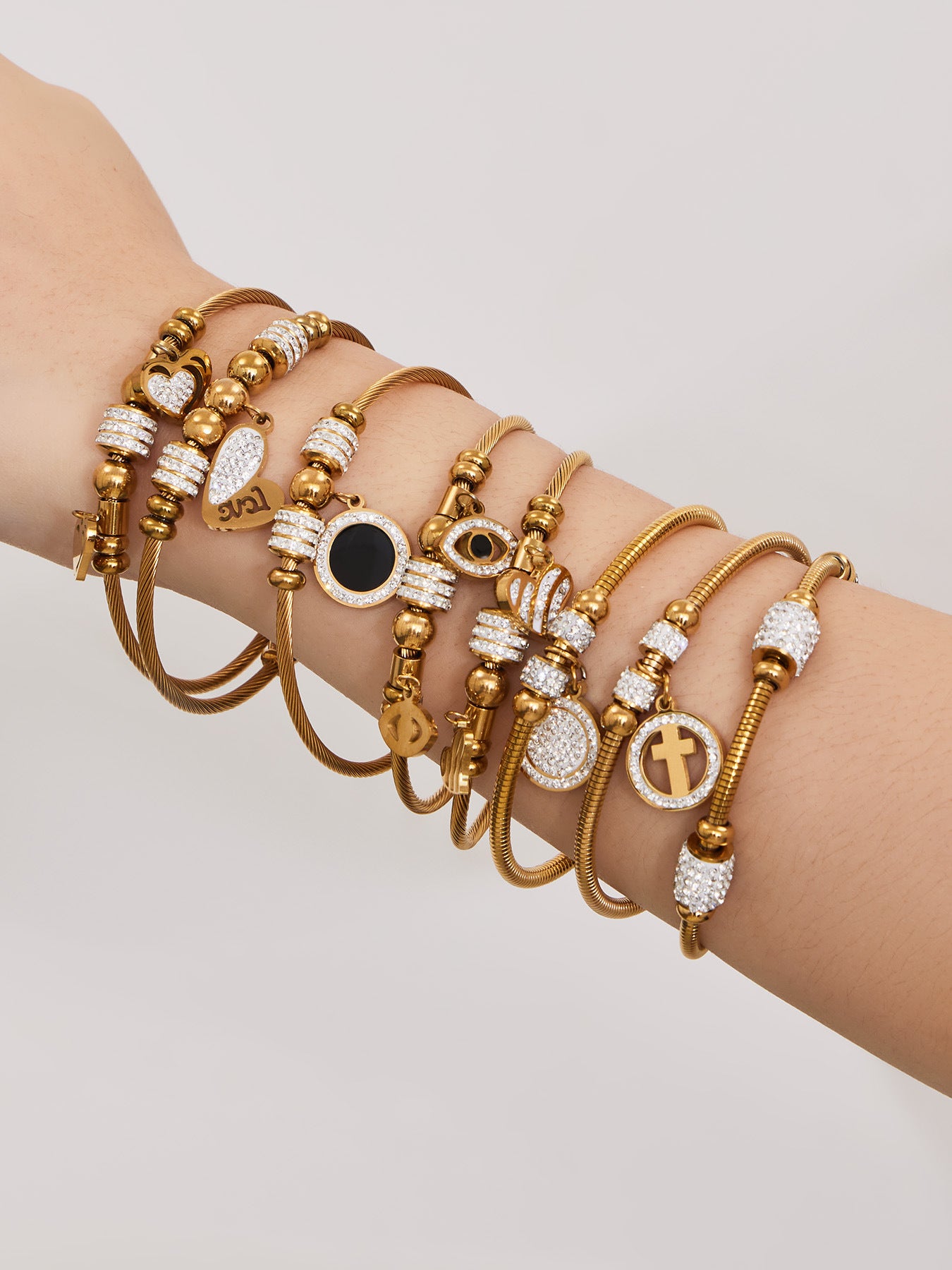 Vintage 18k Gold Plated Stainless Steel Zircon Crown Bangles Unisex Gift with Charms