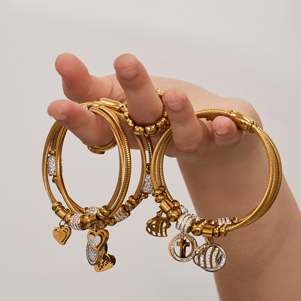 Vintage 18k Gold Plated Stainless Steel Zircon Crown Bangles Unisex Gift with Charms