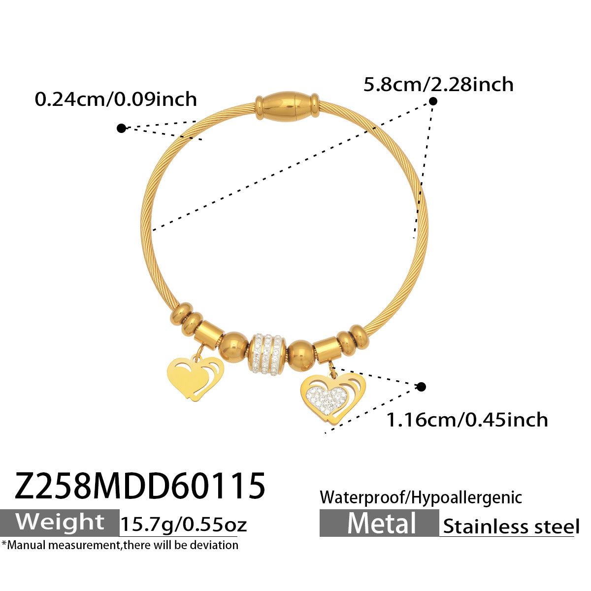 Vintage 18k Gold Plated Stainless Steel Zircon Crown Bangles Unisex Gift with Charms