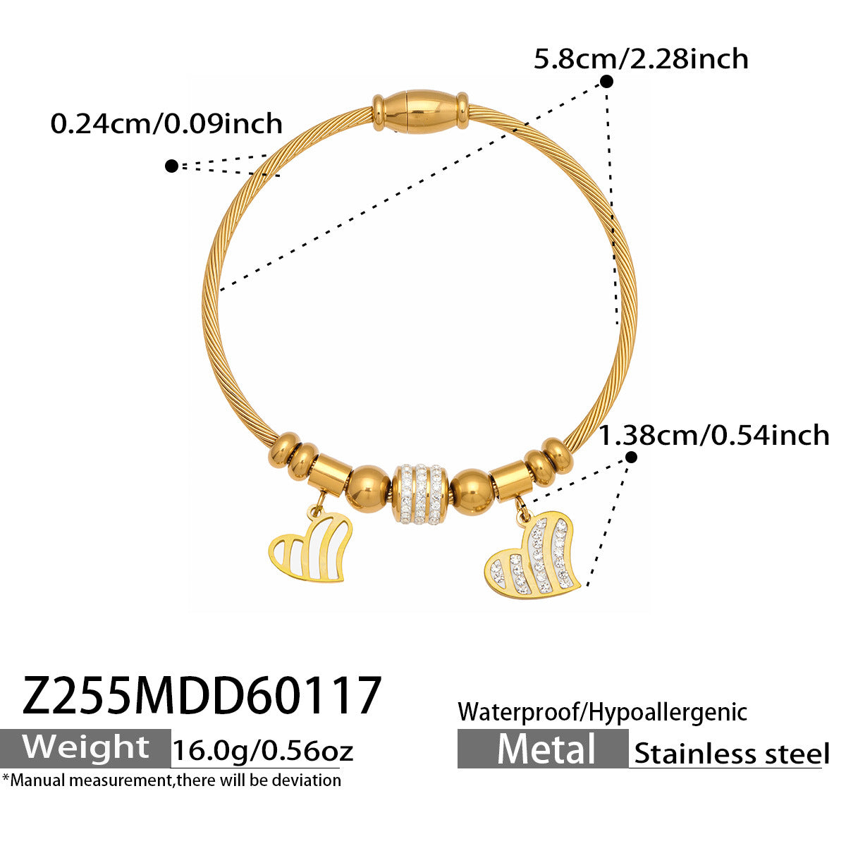 Vintage 18k Gold Plated Stainless Steel Zircon Crown Bangles Unisex Gift with Charms