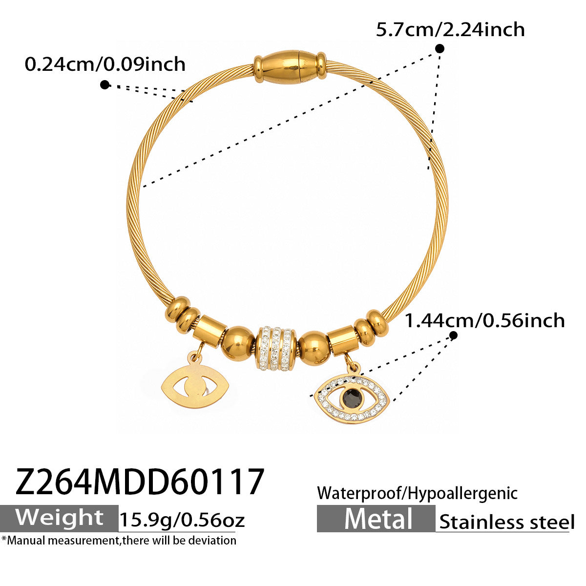 Vintage 18k Gold Plated Stainless Steel Zircon Crown Bangles Unisex Gift with Charms