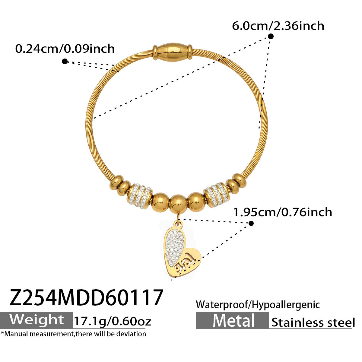 Vintage 18k Gold Plated Stainless Steel Zircon Crown Bangles Unisex Gift with Charms