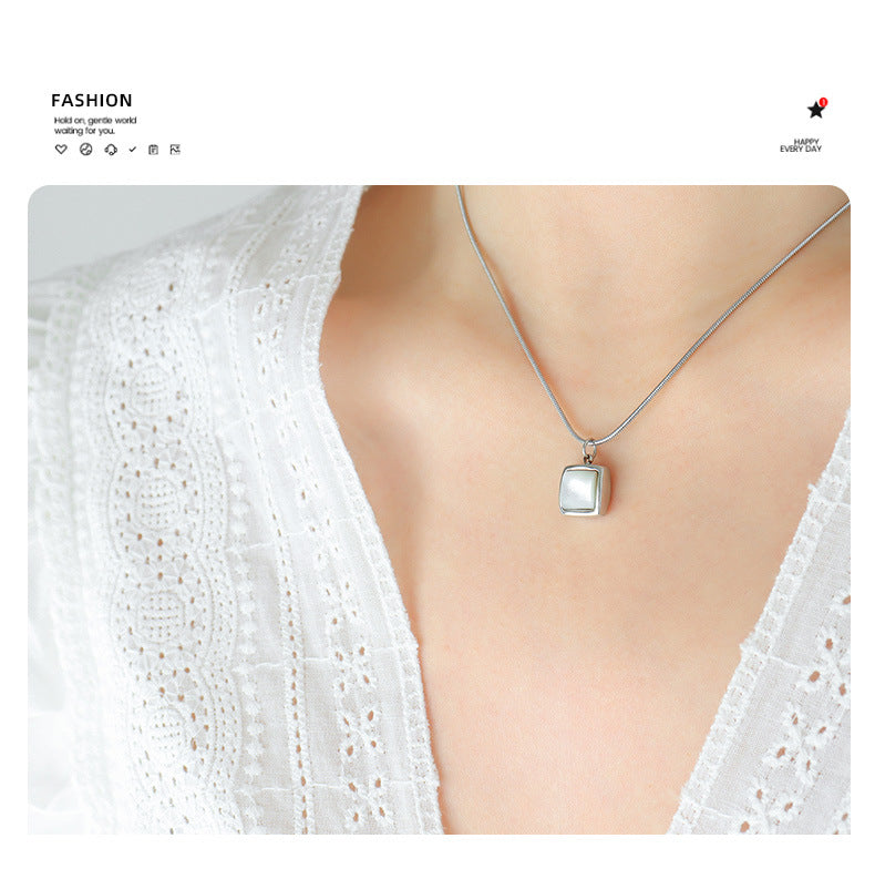 French Ins Square White Seashell Pendant Necklace Stainless Steel Personalized Jewelry