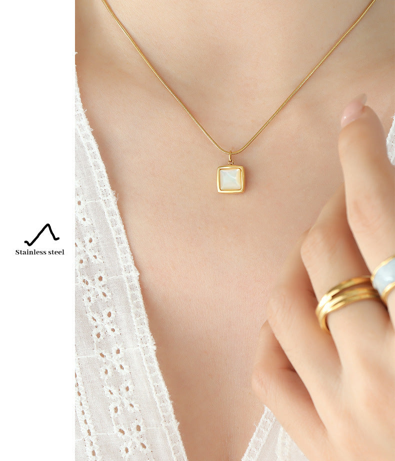 French Ins Square White Seashell Pendant Necklace Stainless Steel Personalized Jewelry