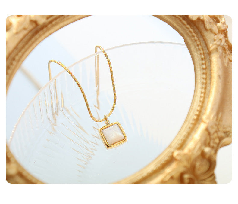 French Ins Square White Seashell Pendant Necklace Stainless Steel Personalized Jewelry