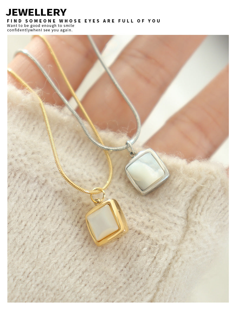 French Ins Square White Seashell Pendant Necklace Stainless Steel Personalized Jewelry