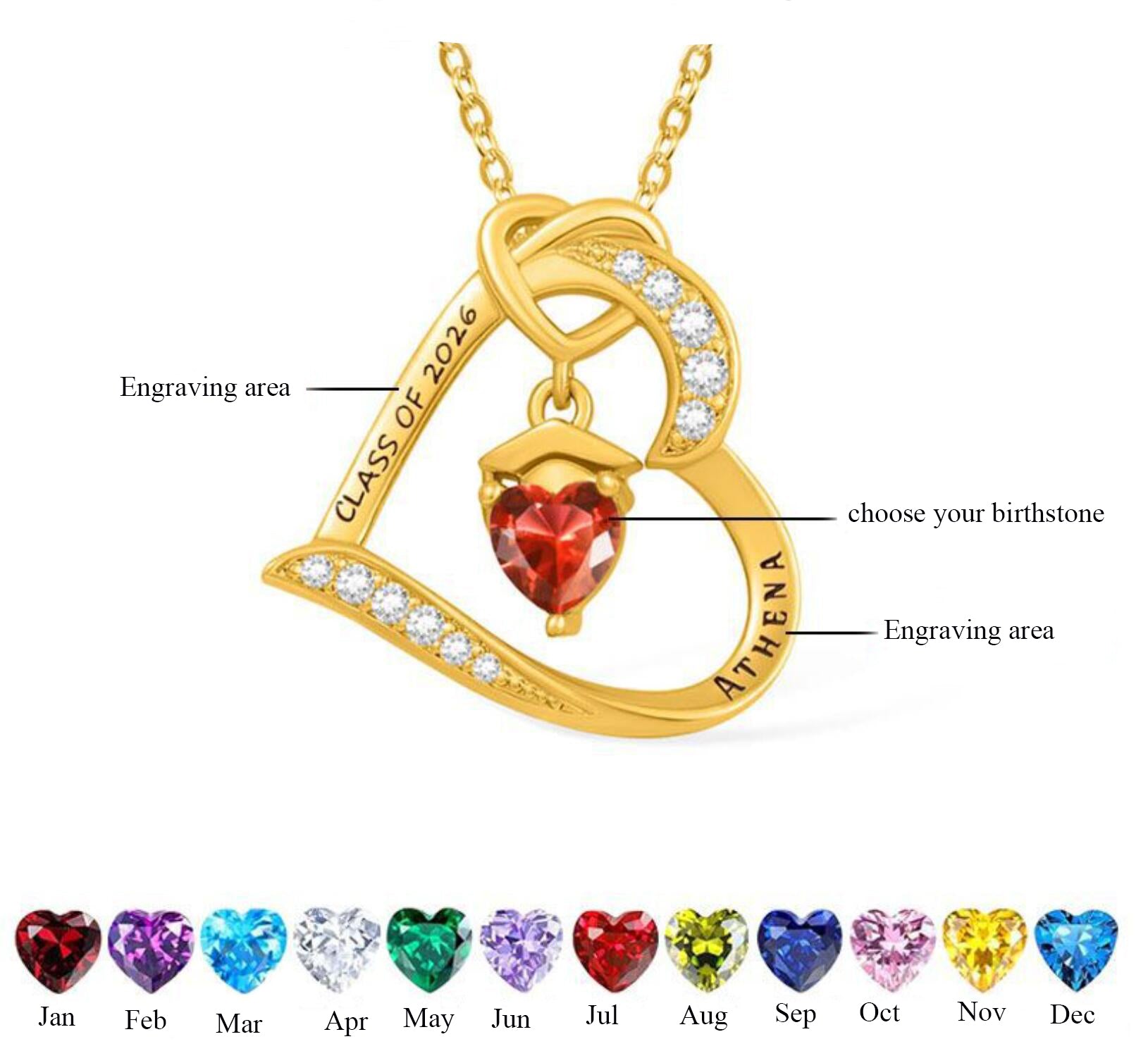 Heart-Shaped Engraved Necklace with Birthstone and Graduation Cap Pendant for European and American-Style College Commemorative jewelry
