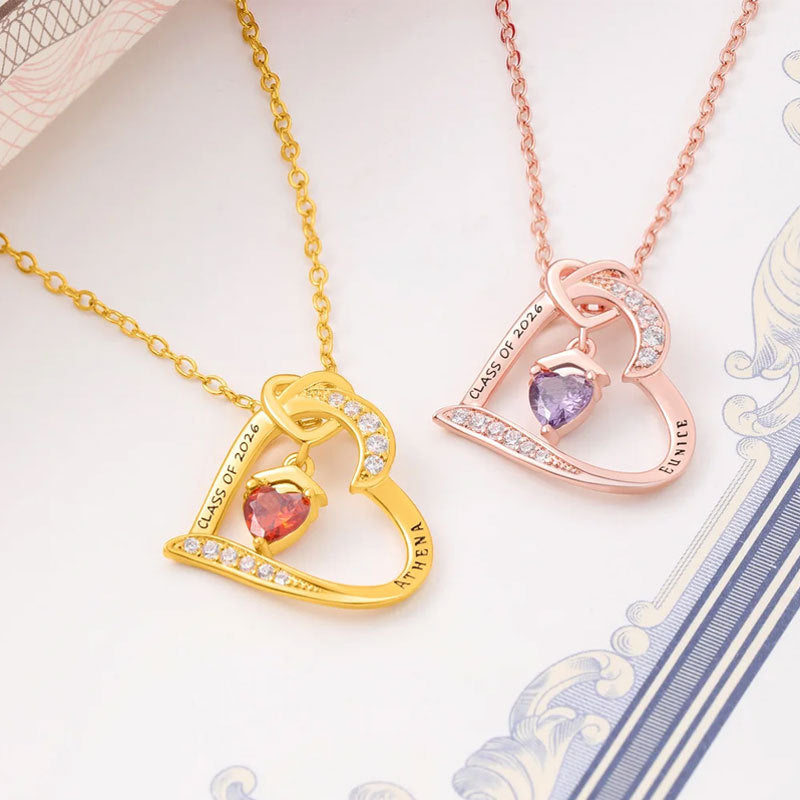 Heart-Shaped Engraved Necklace with Birthstone and Graduation Cap Pendant for European and American-Style College Commemorative jewelry