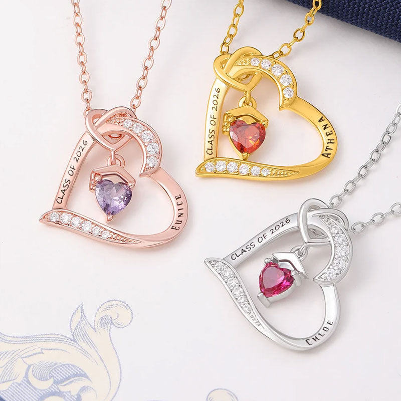 Heart-Shaped Engraved Necklace with Birthstone and Graduation Cap Pendant for European and American-Style College Commemorative jewelry