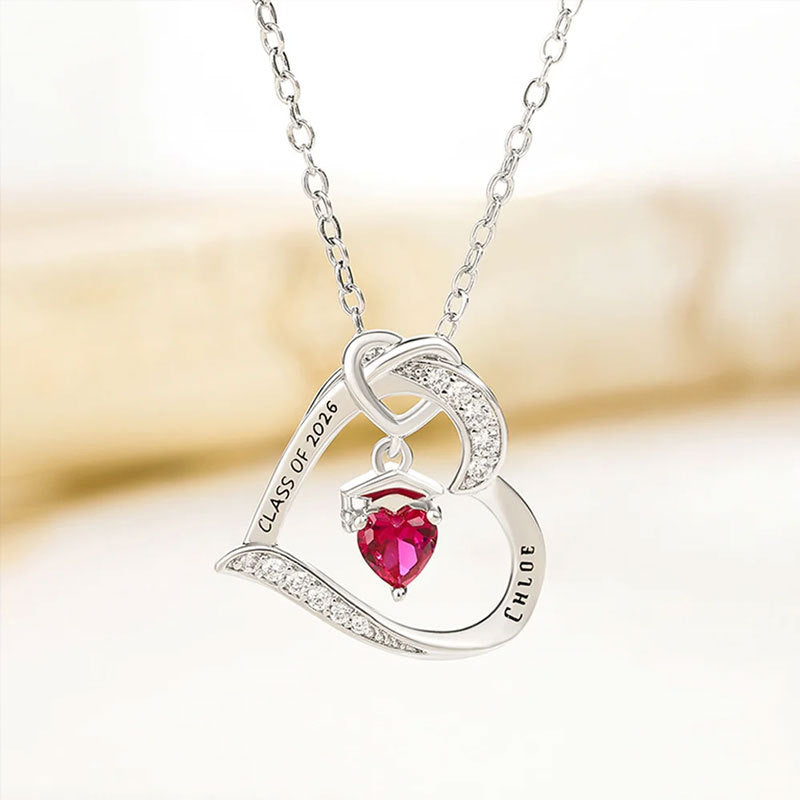Heart-Shaped Engraved Necklace with Birthstone and Graduation Cap Pendant for European and American-Style College Commemorative jewelry
