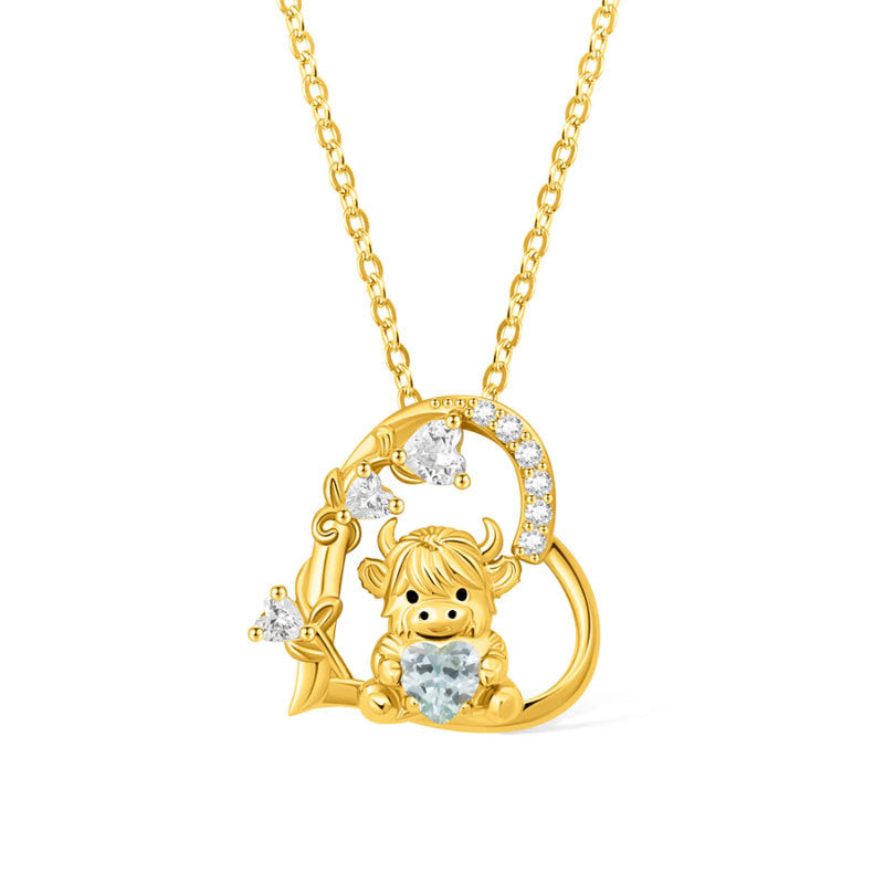 Cute Highland Cow Heart-Shaped Pendant Necklace with Zirconia and Birthstone