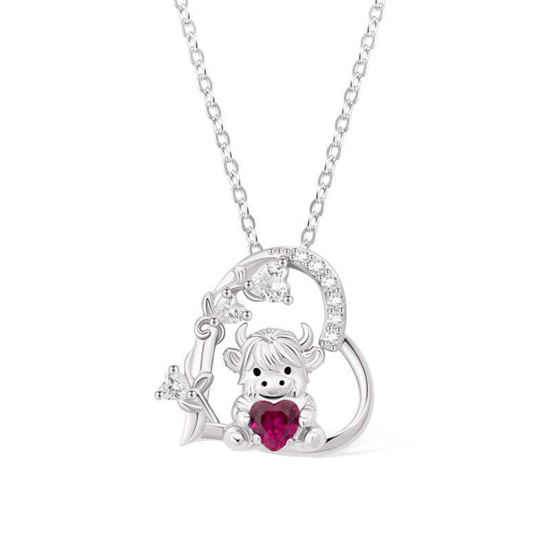 Cute Highland Cow Heart-Shaped Pendant Necklace with Zirconia and Birthstone