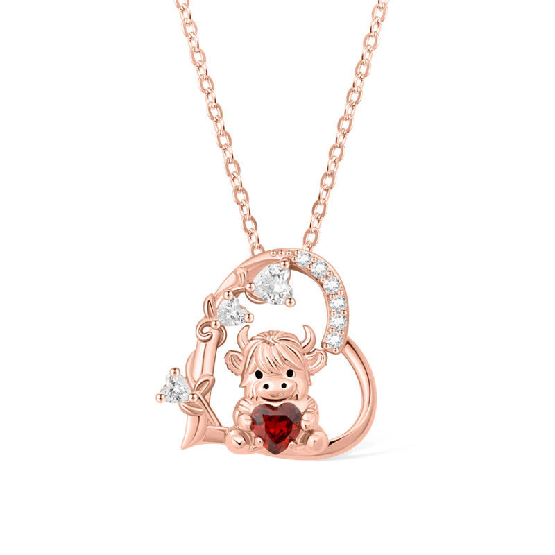 Cute Highland Cow Heart-Shaped Pendant Necklace with Zirconia and Birthstone