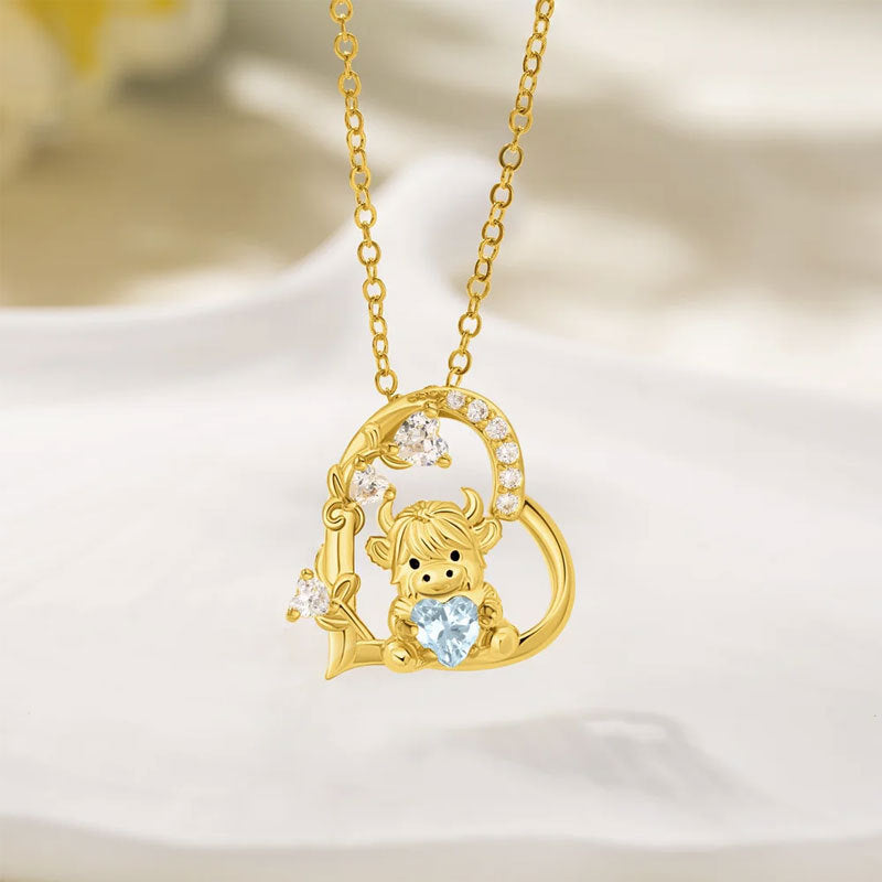 Cute Highland Cow Heart-Shaped Pendant Necklace with Zirconia and Birthstone
