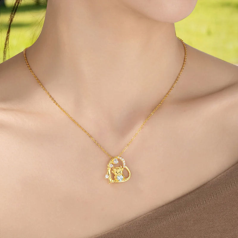Cute Highland Cow Heart-Shaped Pendant Necklace with Zirconia and Birthstone