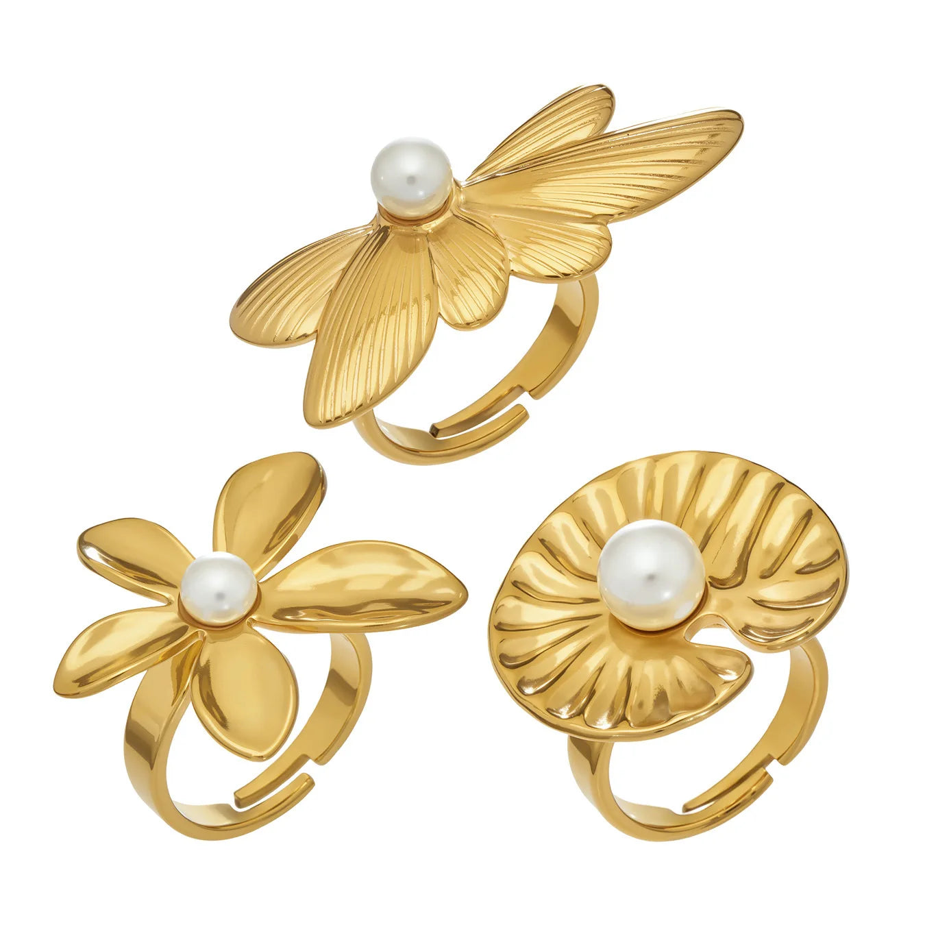 2026 Trending Unique Design Lotus Flower Open Ring 18K Gold Stainless Steel Pearl Adjustable Finger Ring